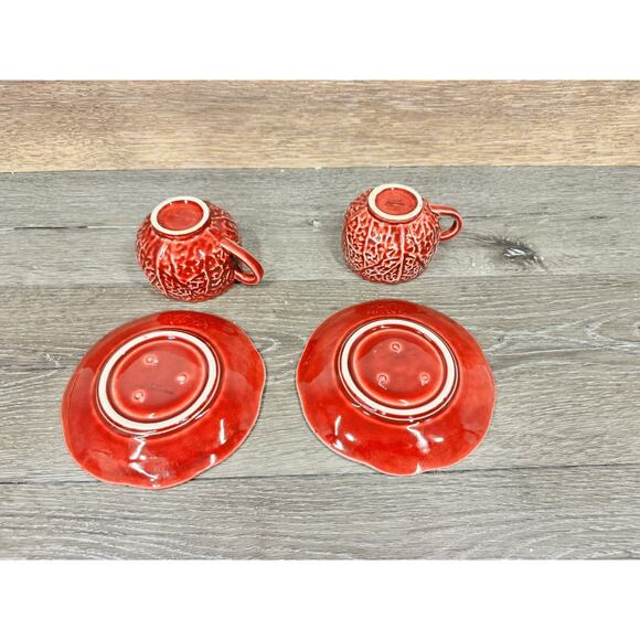 1950s Secla Majolica Portugal Secla Deep Red Cabbage Leaf Cup & Saucer Set Of 2 - Picture 8 of 11